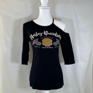 Harley-Davidson Rhinestone Willie G Skull Cutout Shoulder Top  Made in USA Sz S